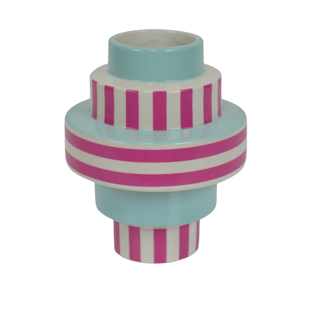 Vase - Stripe - Ceramics - Green/ Pink - 14,5x14,5x18cm