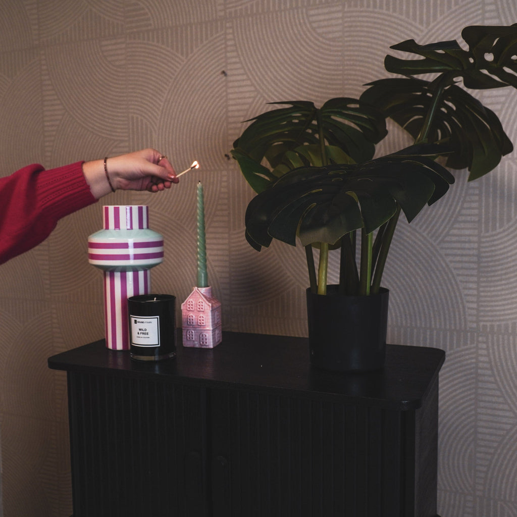 Vase - Stripe - Ceramics - Mintgreen/Neon Pink - 13x13x25cm
