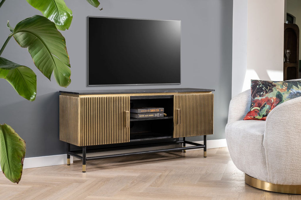 TV meubel goud met marmer en 2 deuren 130x40x60 cm